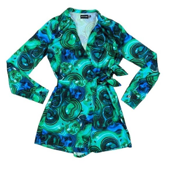 Pretty Little Thing Blue Marble Print Wrap Collared Short Romper 0 - Picture 3 of 12